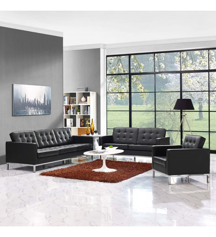 Loft 3 Piece Leather Sofa Loveseat and Armchair Set in Black - Lexmod