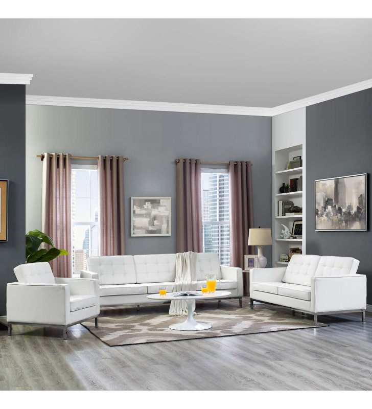 Loft 3 Piece Leather Sofa Loveseat and Armchair Set in Cream White - Lexmod