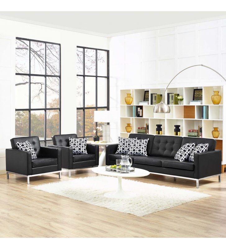 Loft 3 Piece Leather Sofa and Armchair Set in Black - Lexmod