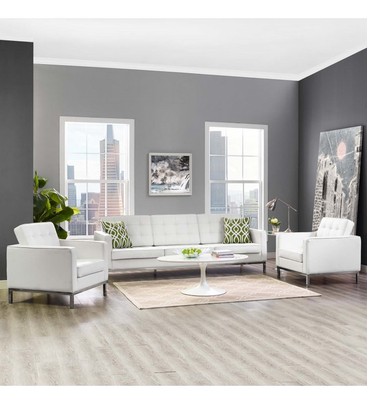 Loft 3 Piece Leather Sofa and Armchair Set in Cream White - Lexmod