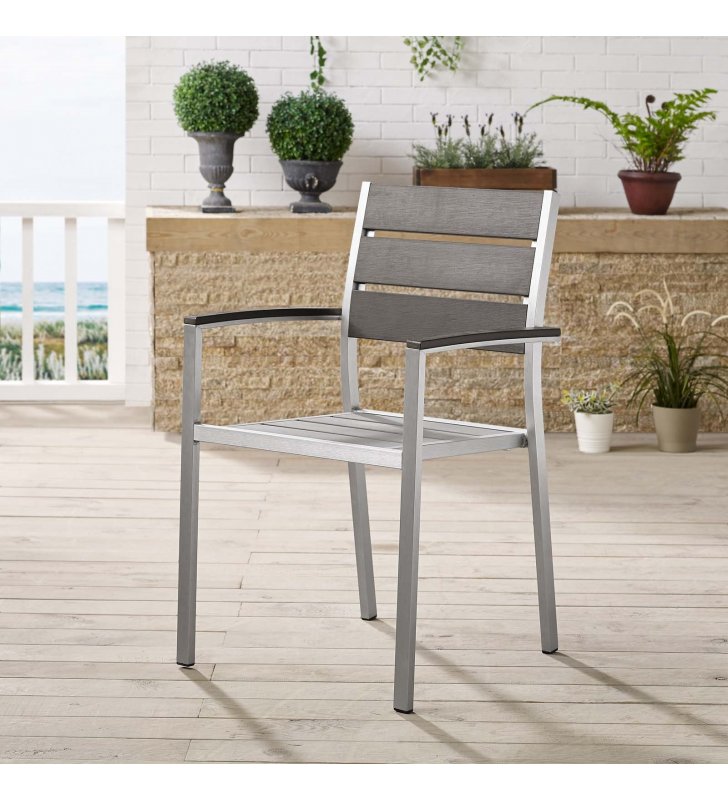 Shore Outdoor Patio Aluminum Dining Armchair in Silver Gray - Lexmod