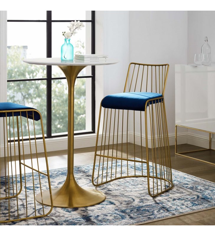 Rivulet Gold Stainless Steel Performance Velvet Bar Stool in Gold Navy - Lexmod