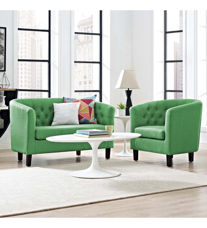 Prospect 2 Piece Upholstered Fabric Loveseat and Armchair Set in Green - Lexmod