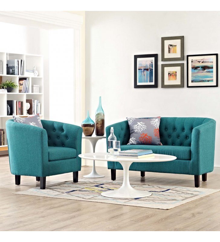 Prospect 2 Piece Upholstered Fabric Loveseat and Armchair Set in Teal - Lexmod