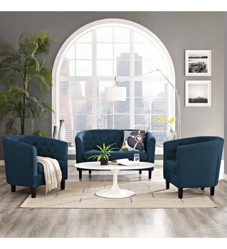 Prospect 3 Piece Upholstered Fabric Loveseat and Armchair Set in Azure - Lexmod