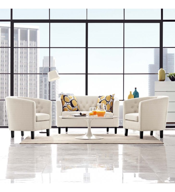 Prospect 3 Piece Upholstered Fabric Loveseat and Armchair Set in Beige - Lexmod