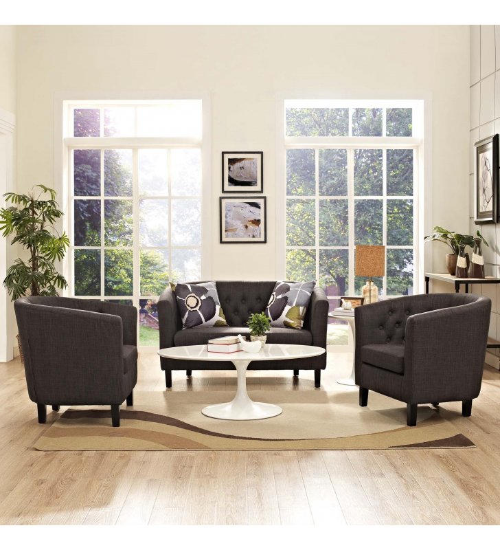 Prospect 3 Piece Upholstered Fabric Loveseat and Armchair Set in Brown - Lexmod