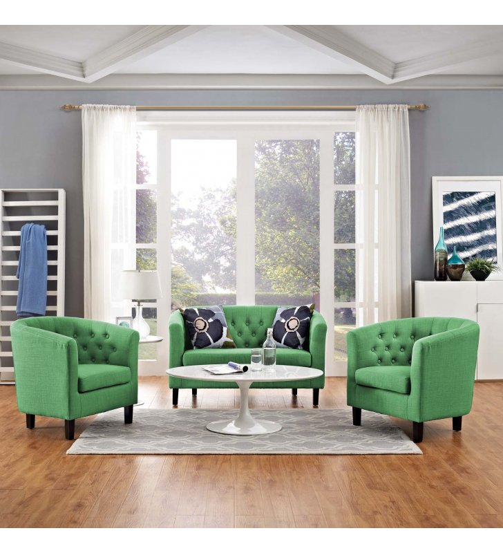 Prospect 3 Piece Upholstered Fabric Loveseat and Armchair Set in Green - Lexmod