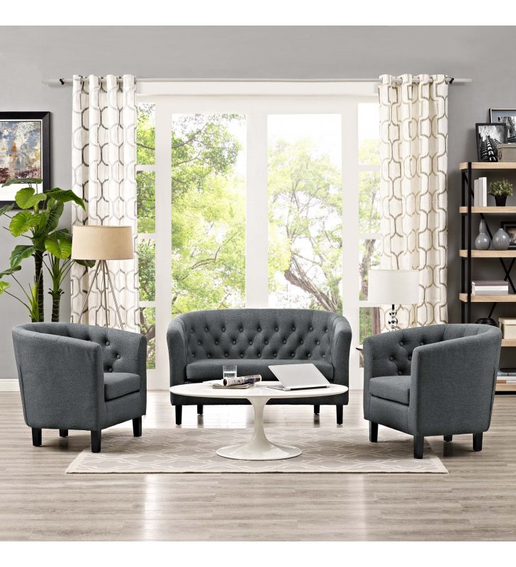 Prospect 3 Piece Upholstered Fabric Loveseat and Armchair Set in Gray - Lexmod
