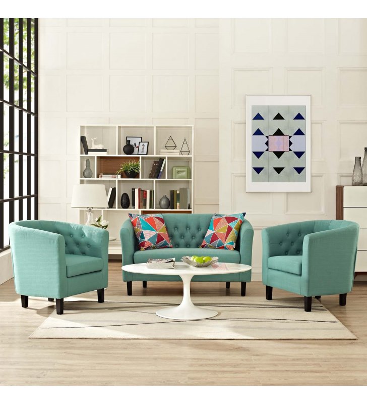 Prospect 3 Piece Upholstered Fabric Loveseat and Armchair Set in Laguna - Lexmod