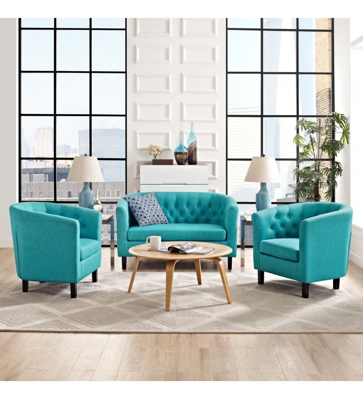 Prospect 3 Piece Upholstered Fabric Loveseat and Armchair Set in Pure Water - Lexmod
