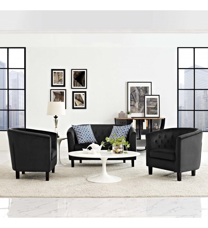 Prospect 3 Piece Performance Velvet Loveseat and Armchair Set in Black - Lexmod