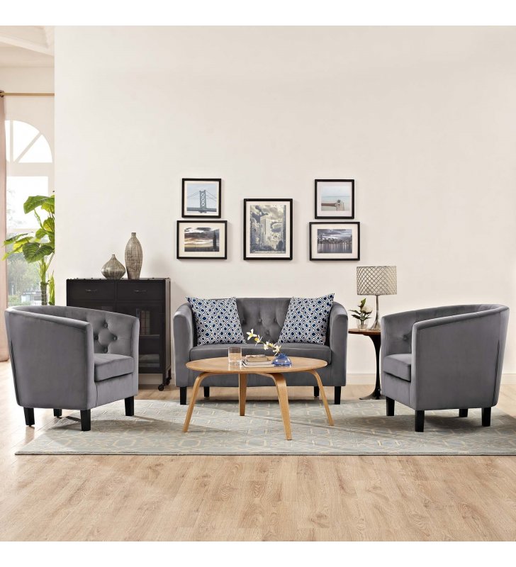 Prospect 3 Piece Performance Velvet Loveseat and Armchair Set in Gray - Lexmod