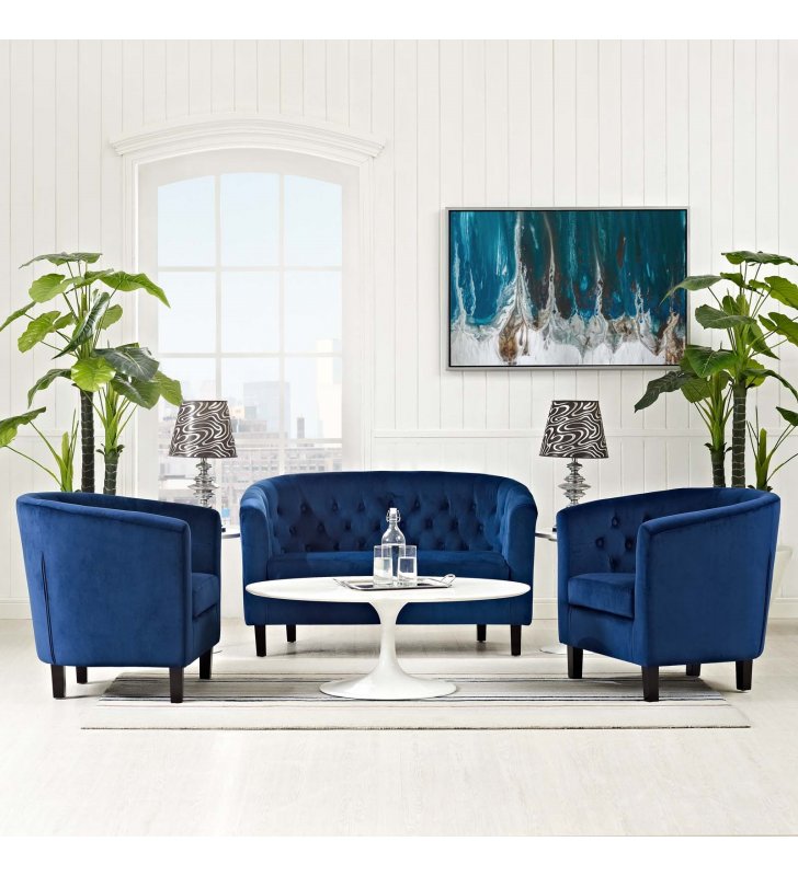 Prospect 3 Piece Performance Velvet Loveseat and Armchair Set in Navy - Lexmod