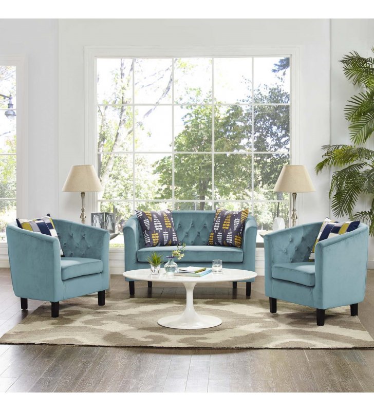 Prospect 3 Piece Performance Velvet Loveseat and Armchair Set in Sea Blue - Lexmod