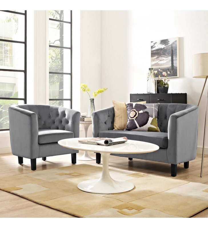 Prospect 2 Piece Performance Velvet Loveseat and Armchair Set in Gray - Lexmod