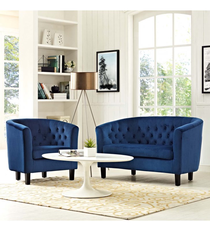 Prospect 2 Piece Performance Velvet Loveseat and Armchair Set in Navy - Lexmod