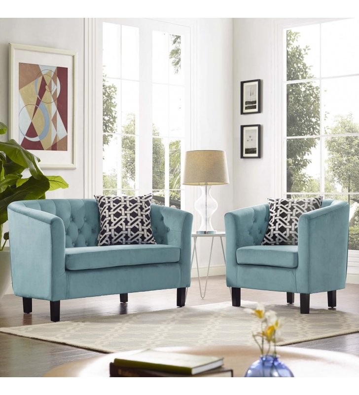Prospect 2 Piece Performance Velvet Loveseat and Armchair Set in Sea Blue - Lexmod