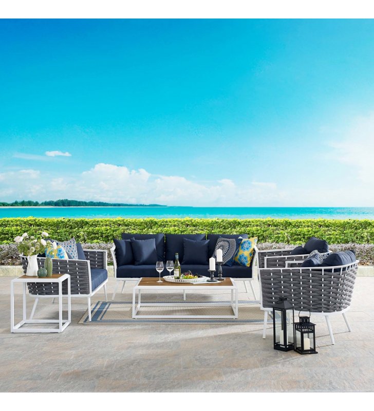 Stance 7 Piece Outdoor Patio Aluminum Sectional Sofa Set in White Navy - Lexmod