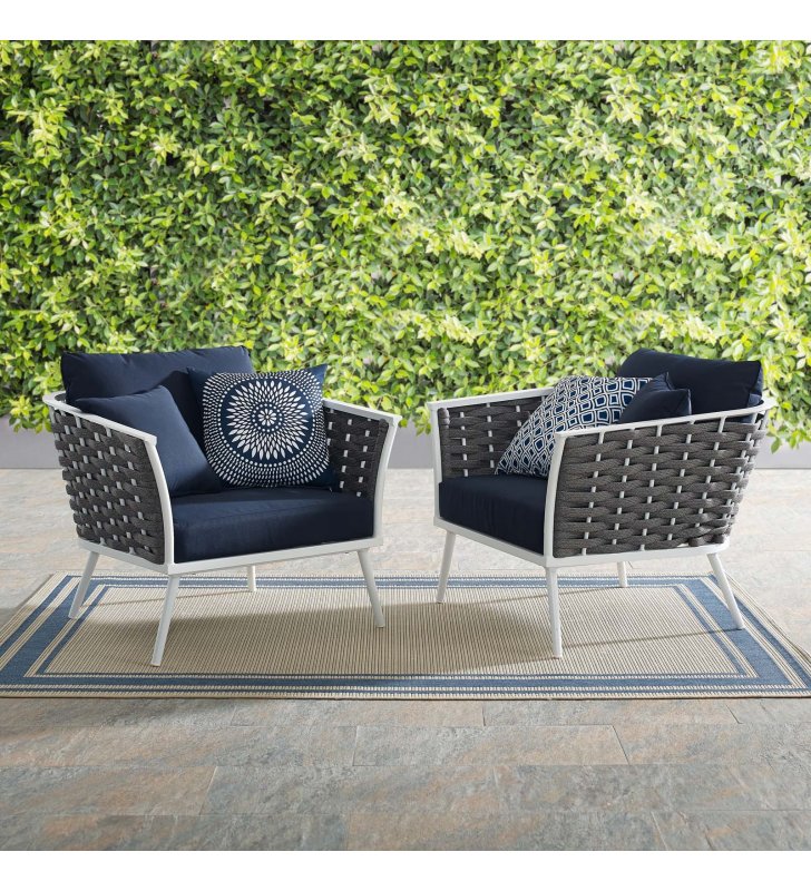 Stance Armchair Outdoor Patio Aluminum Set of 2 in White Navy - Lexmod
