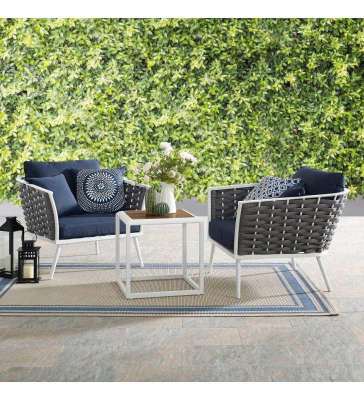 Stance 3 Piece Outdoor Patio Aluminum Sectional Sofa Set in White Navy - Lexmod