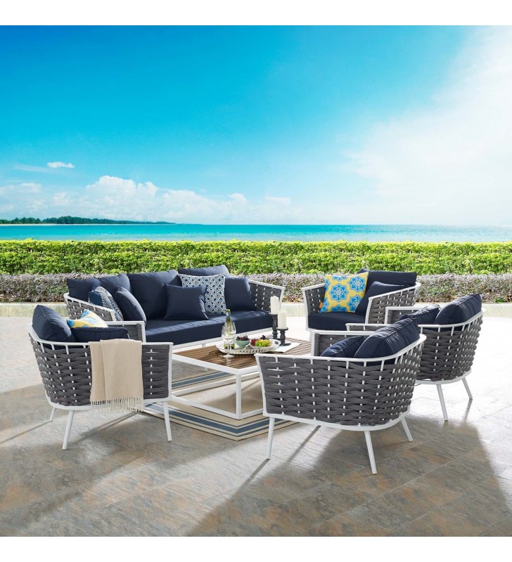 Stance 6 Piece Outdoor Patio Aluminum Sectional Sofa Set in White Navy - Lexmod