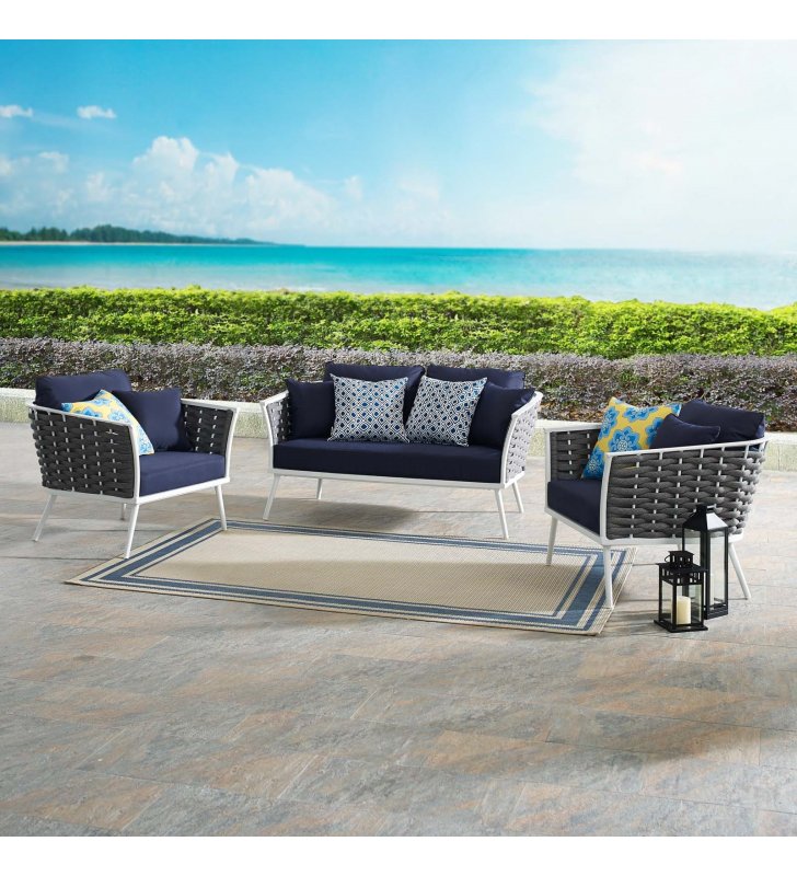 Stance 3 Piece Outdoor Patio Aluminum Sectional Sofa Set in White Navy - Lexmod