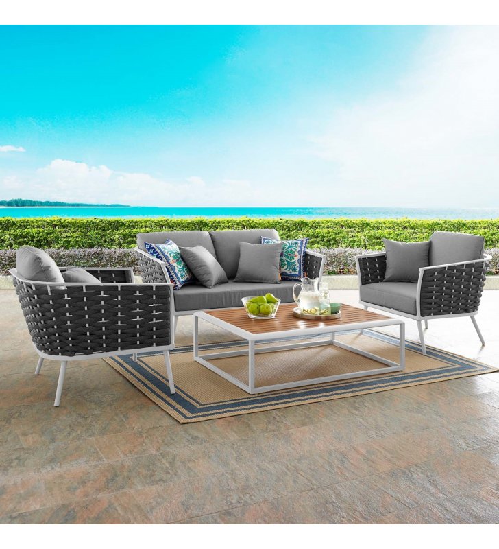 Stance 4 Piece Outdoor Patio Aluminum Sectional Sofa Set in White Gray - Lexmod