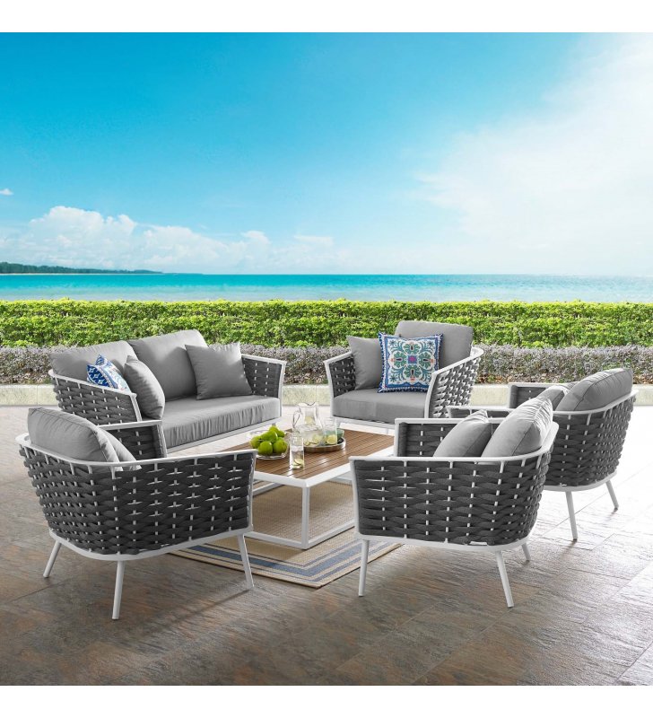 Stance 6 Piece Outdoor Patio Aluminum Sectional Sofa Set in White Gray - Lexmod
