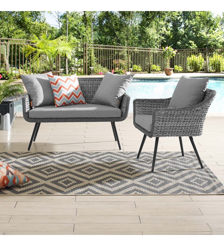 Endeavor 2 Piece Outdoor Patio Wicker Rattan Loveseat and Armchair Set in Gray Gray - Lexmod