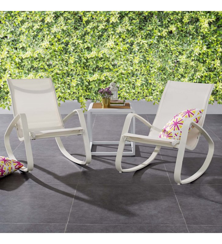 Traveler Rocking Lounge Chair Outdoor Patio Mesh Sling Set of 2 in White White - Lexmod