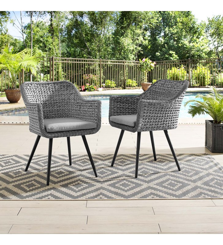 Endeavor Dining Armchair Outdoor Patio Wicker Rattan Set of 2 in Gray Gray - Lexmod
