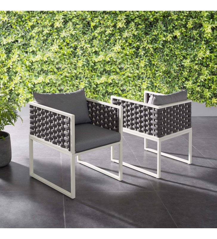 Stance Dining Armchair Outdoor Patio Aluminum Set of 2 in White Gray - Lexmod