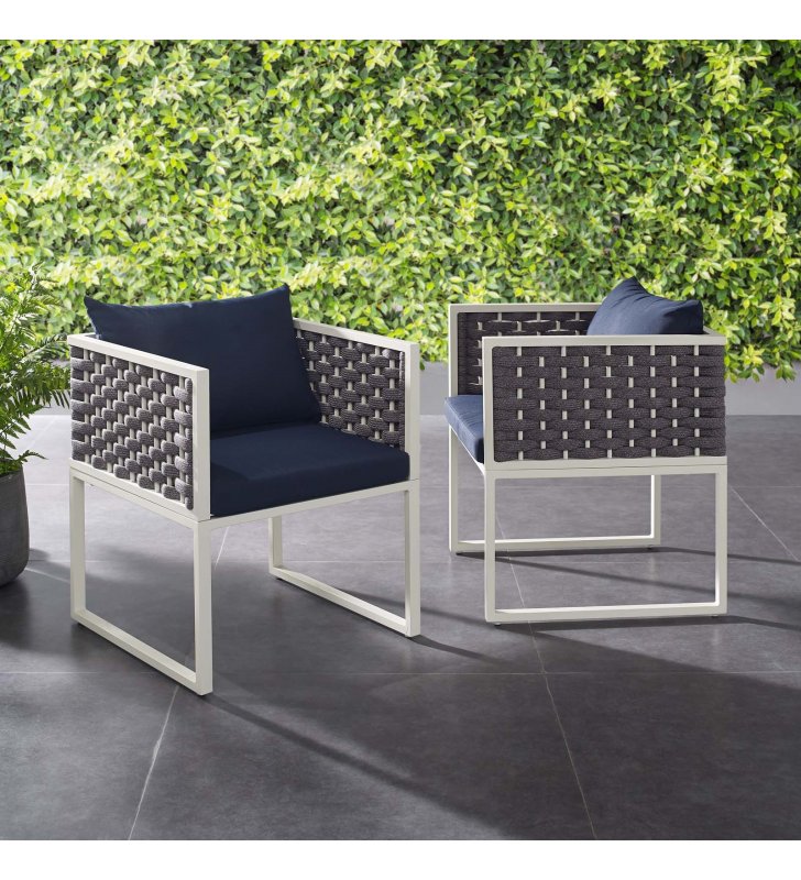Stance Dining Armchair Outdoor Patio Aluminum Set of 2 in White Navy - Lexmod