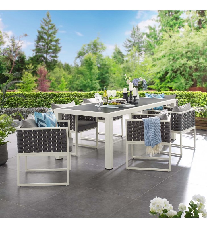 Stance 7 Piece Outdoor Patio Aluminum Dining Set in White Gray - Lexmod