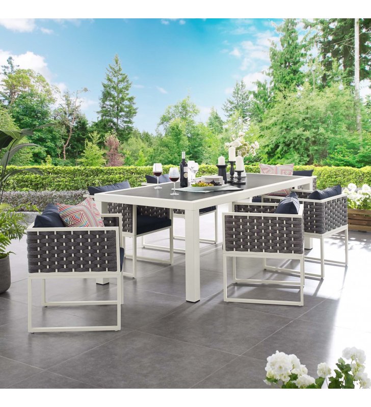 Stance 7 Piece Outdoor Patio Aluminum Dining Set in White Navy - Lexmod