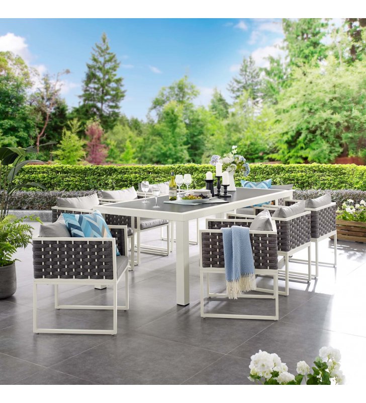 Stance 9 Piece Outdoor Patio Aluminum Dining Set in White Gray - Lexmod