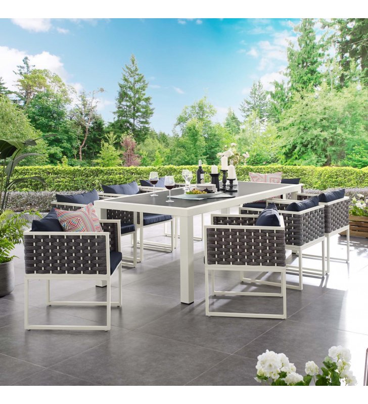 Stance 9 Piece Outdoor Patio Aluminum Dining Set in White Navy - Lexmod