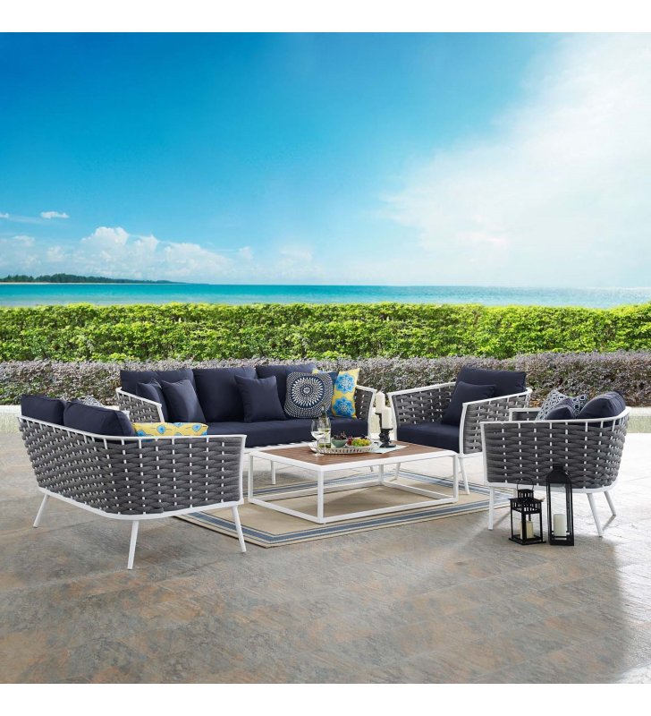Stance 5 Piece Outdoor Patio Aluminum Sectional Sofa Set in White Navy - Lexmod