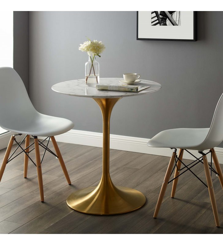 Lippa 28" Round Artificial Marble Dining Table in Gold White - Lexmod