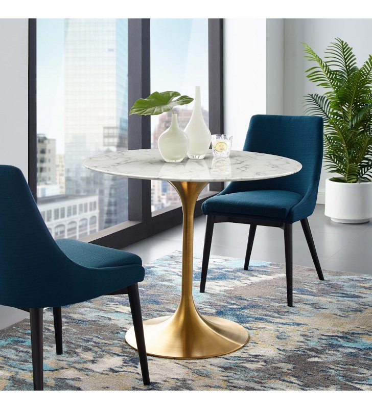 Lippa 36" Round Artificial Marble Dining Table in Gold White - Lexmod