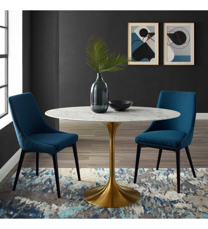 Lippa 48" Oval Artificial Marble Dining Table in Gold White - Lexmod