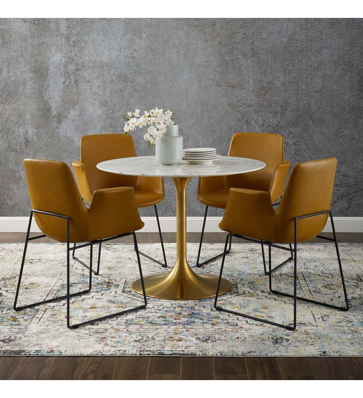Lippa 40" Round Artificial Marble Dining Table in Gold White - Lexmod