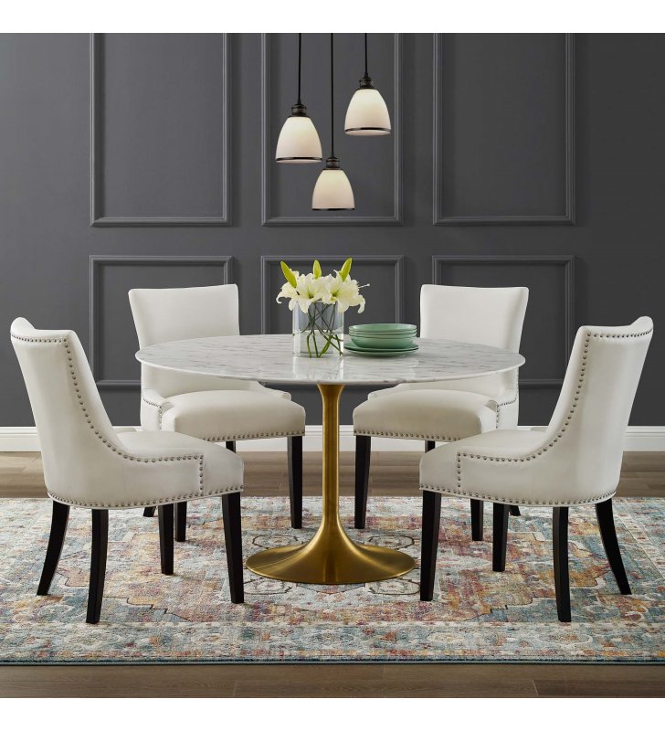 Lippa 54" Round Artificial Marble Dining Table in Gold White - Lexmod