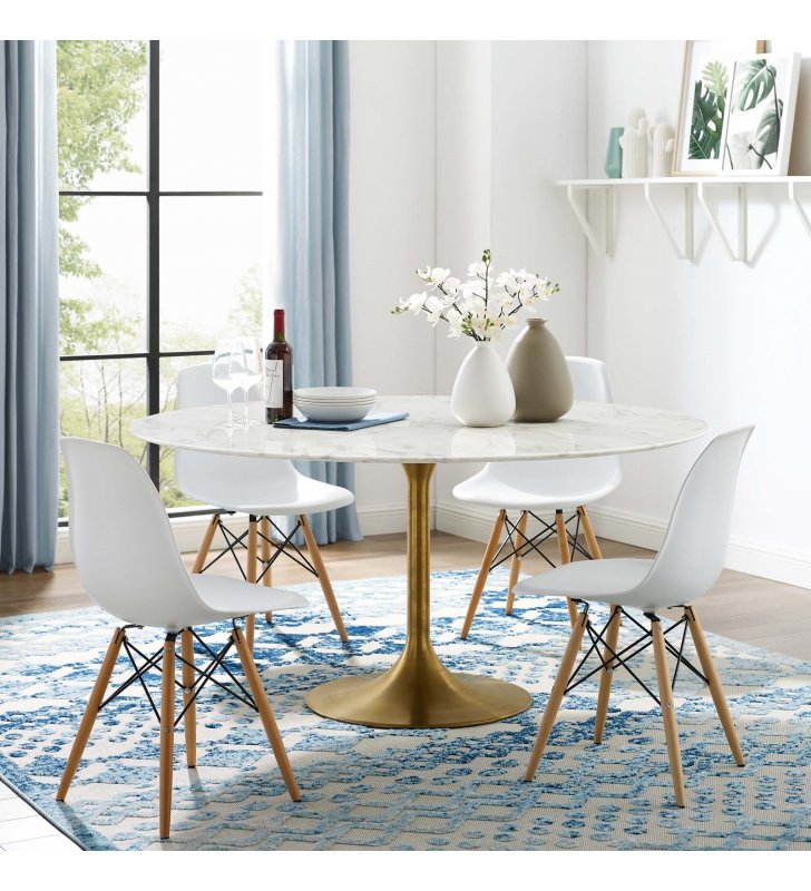 Lippa 60" Round Artificial Marble Dining Table in Gold White - Lexmod