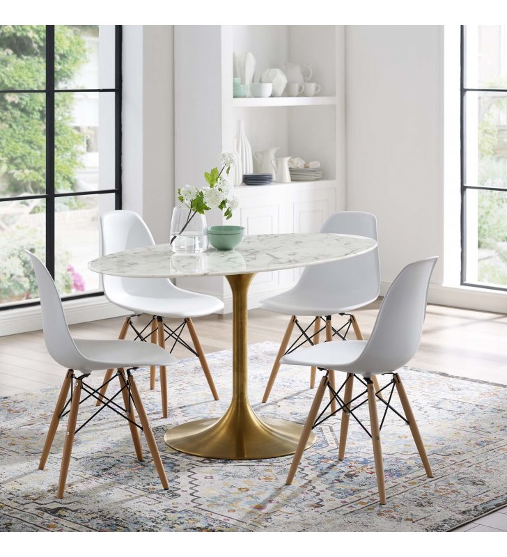 Lippa 54" Oval Artificial Marble Dining Table in Gold White - Lexmod