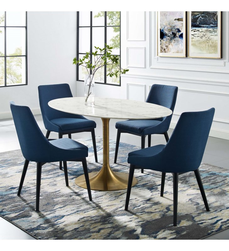 Lippa 60" Oval Artificial Marble Dining Table in Gold White - Lexmod