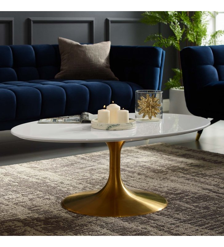 Lippa 42" Oval-Shaped Wood Top Coffee Table in Gold White - Lexmod