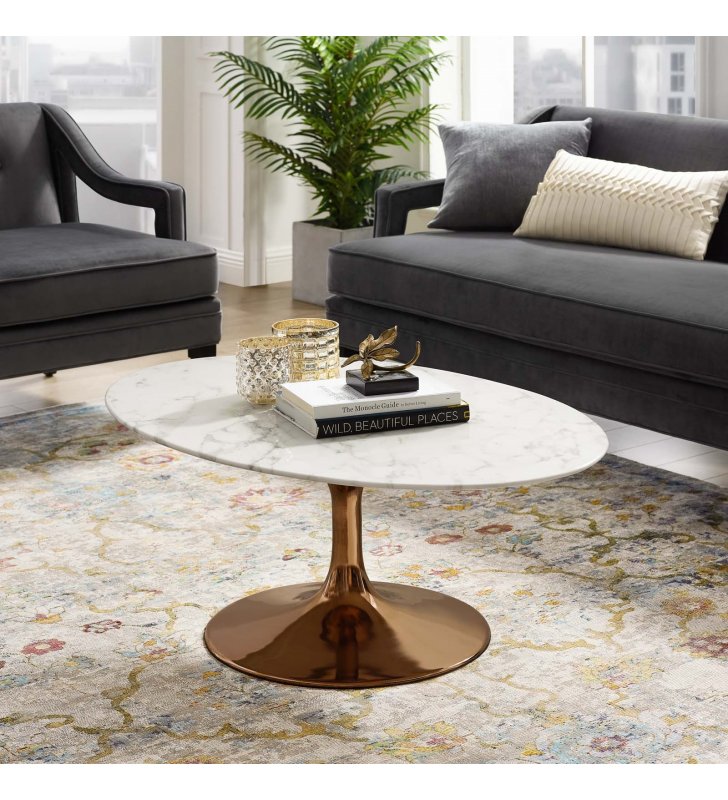 Lippa 42" Oval-Shaped Artificial Marble Coffee Table in Rose White - Lexmod