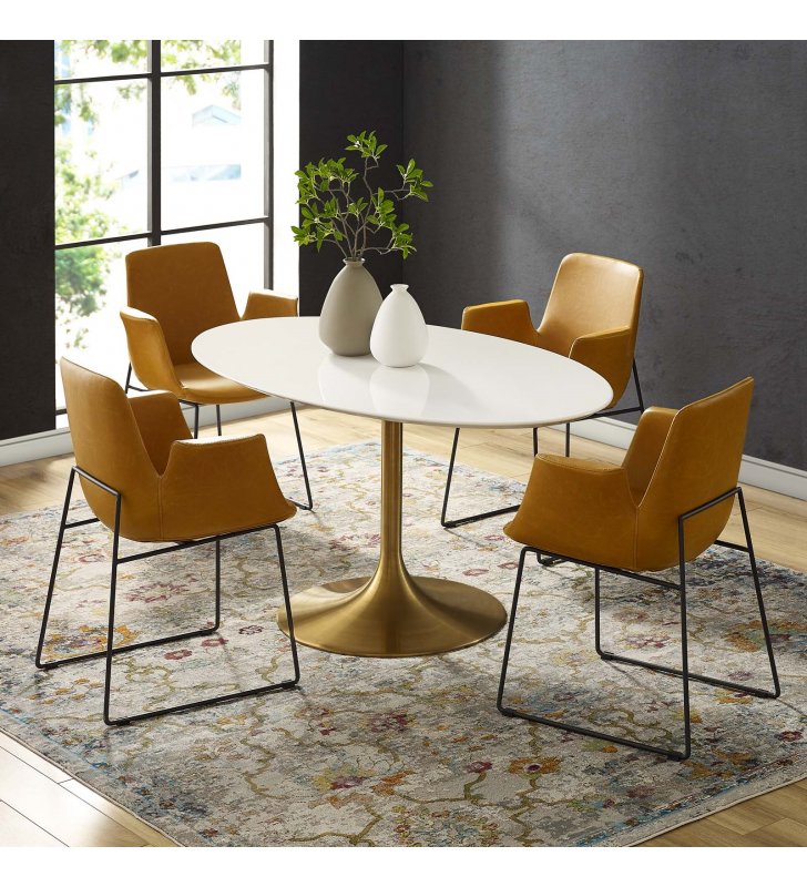 Lippa 60" Oval Wood Dining Table in Gold White - Lexmod
